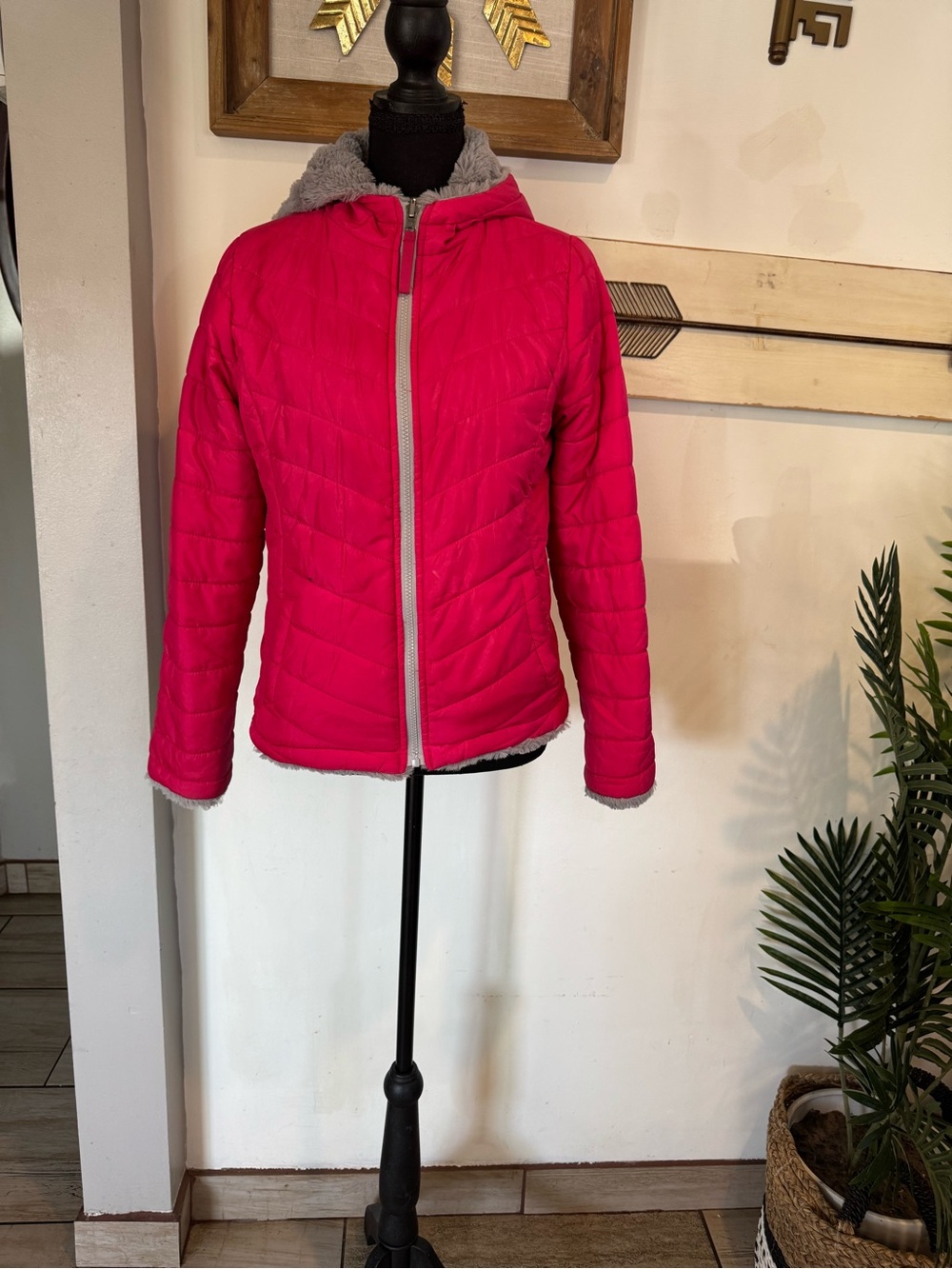 SO Hot Pink Quilted Hooded Puffer Jacket with Gray Faux-Fur Trim